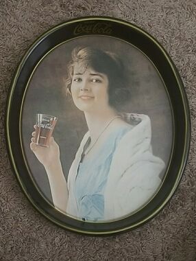 Coca-Cola Black and Pale Blue Oval Serving Tray with Woman